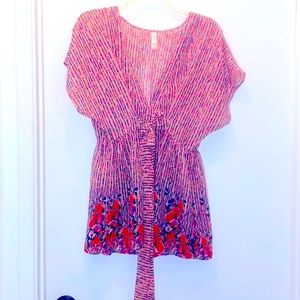 Vintage Xhiliration kimono floral baby doll top sheer size Large